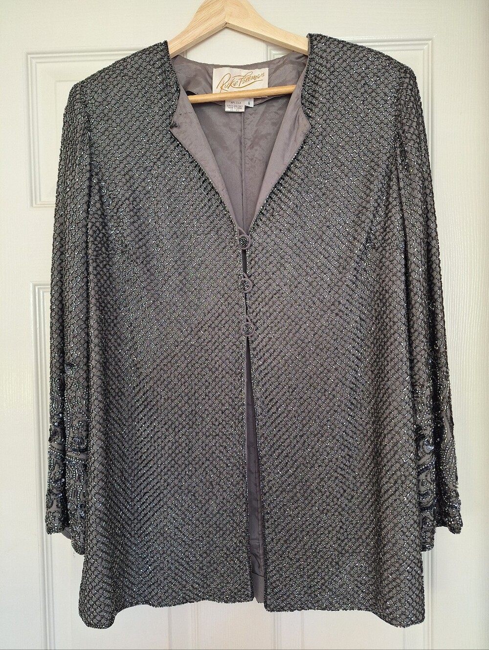 VTG Rickie Freeman T.J. Nites Silk Beaded Evening Jacket Silver Gray Size 8